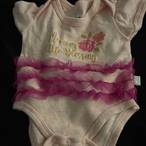 Pink Ruffle Baby Onesie with Gold Floral Script